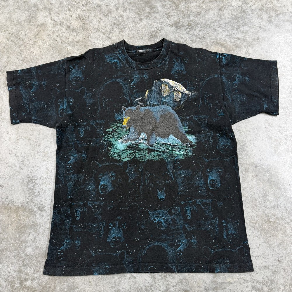 Vintage Nature shirt mens Large Bear Grizzly all over print animal 90s aop
