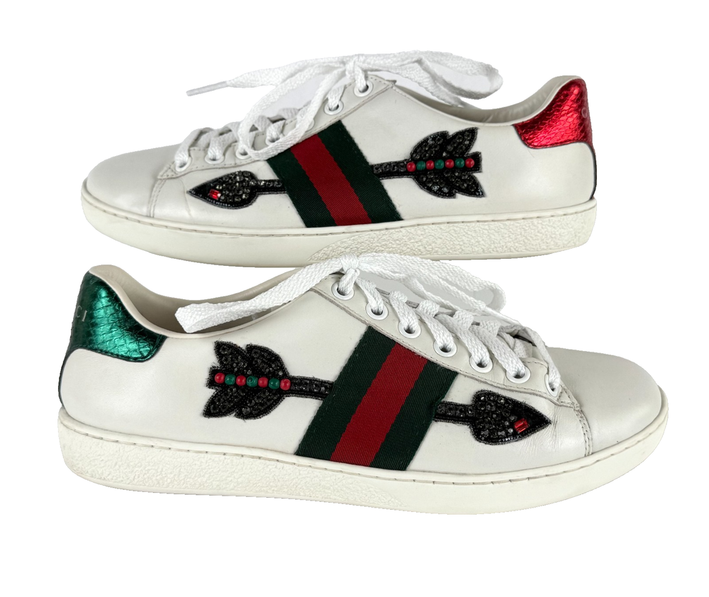 Gucci Women's Ace Embroidered Arrow White Leather Sneakers US 6 EU 36
