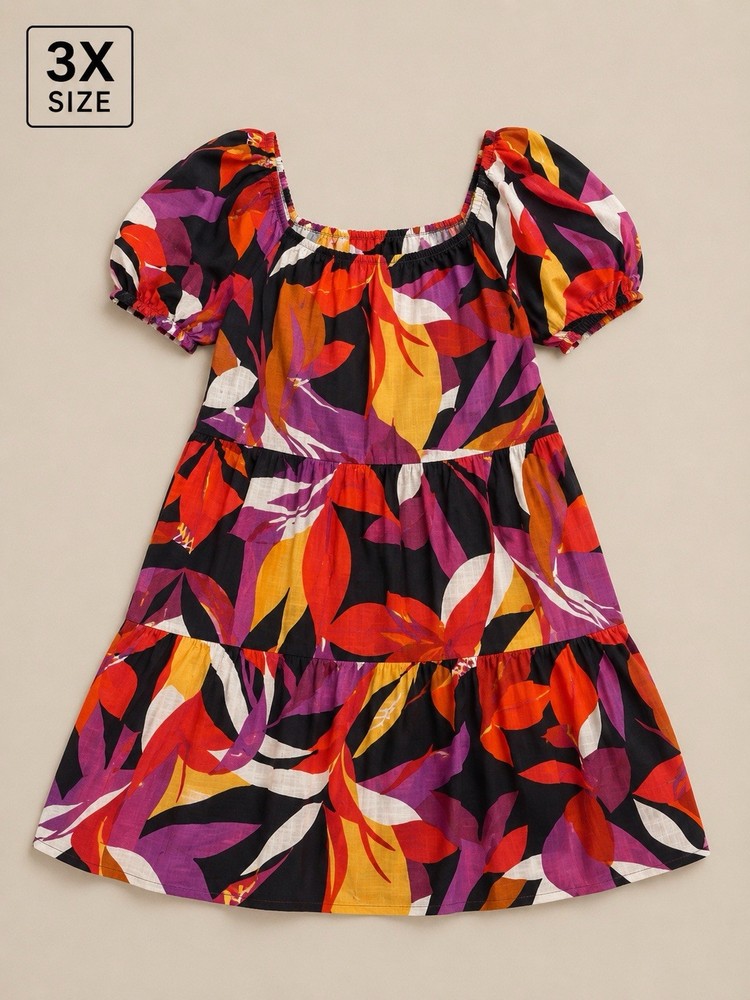 Mlle Gabrielle Multicolor Floral Sundress Puff Sleeve Pockets 3X Plus Knee