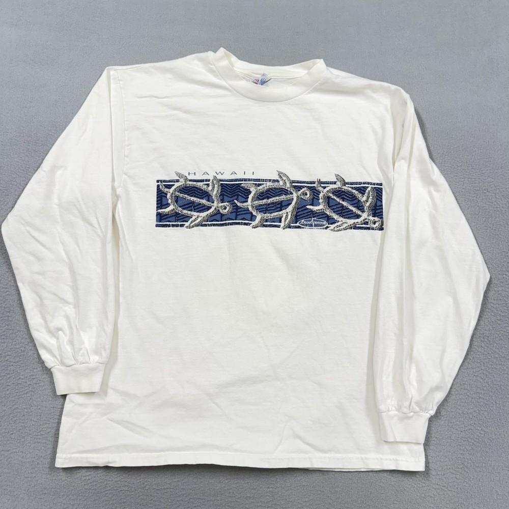Vintage Hawaii Shirt Mens Large White Sea Turtle Graphic Long Sleeve 90s