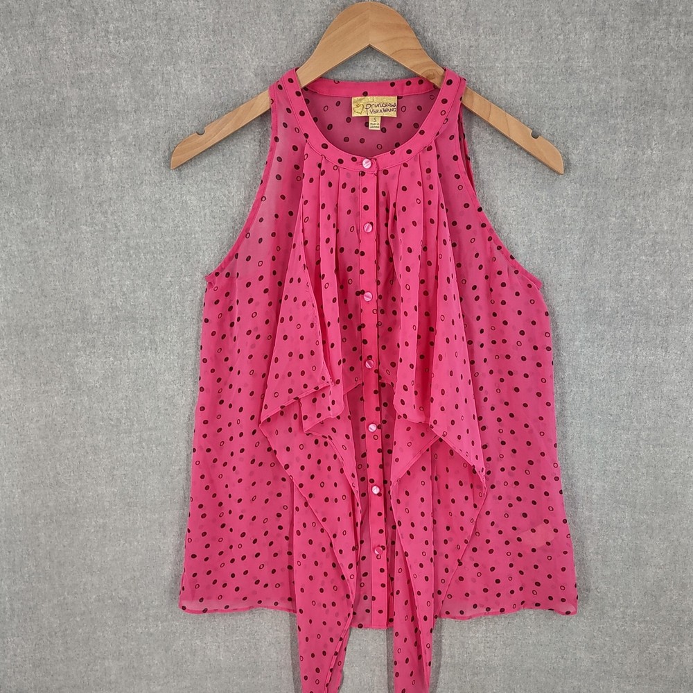 Vera Wang Princess Blouse Womens Small Pink Dot Sheer Ruffled Sleeveless Boho