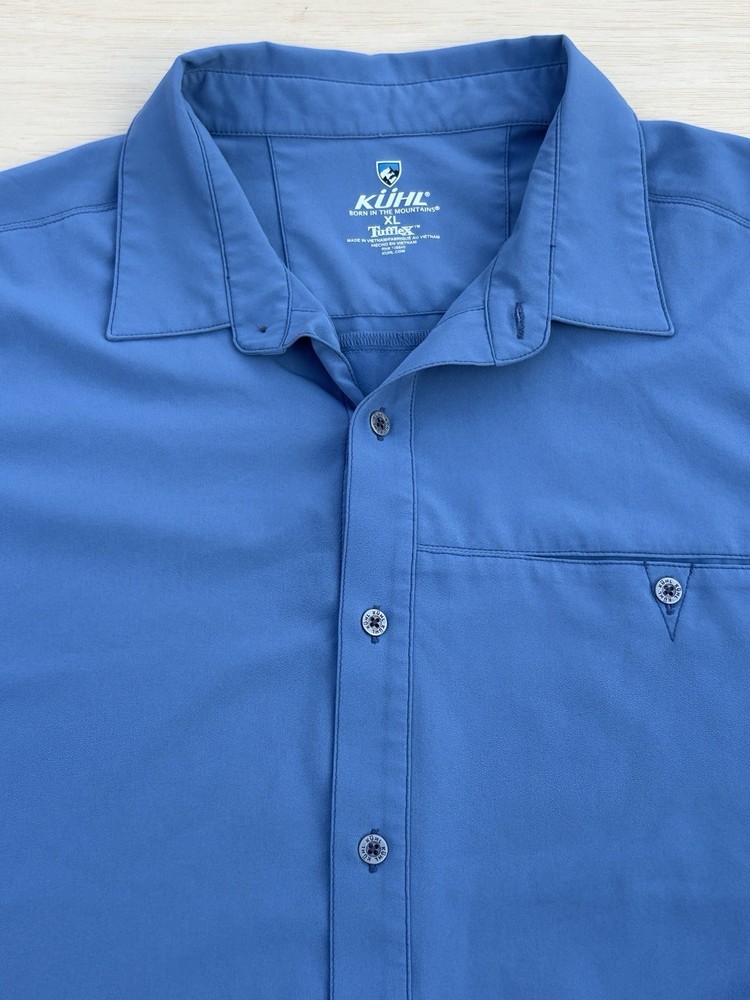 Kuhl Tufflex Shirt Men XL Blue Short Sleeve Button Up Stretch Outdoors Hiking