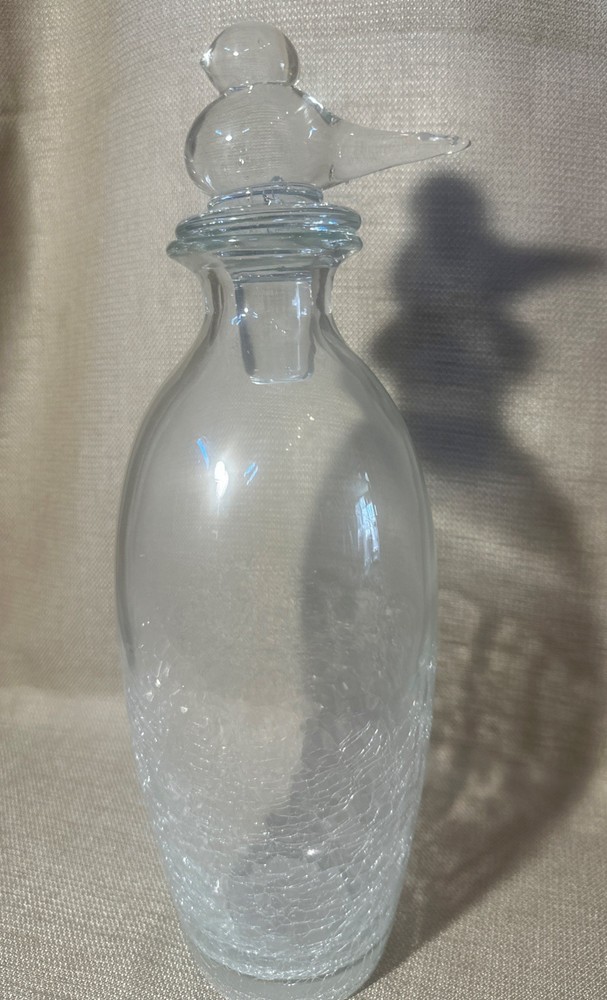 Blenko Mid-Century, Modern Clear, Crackle Glass Decanter With Bird Stopper