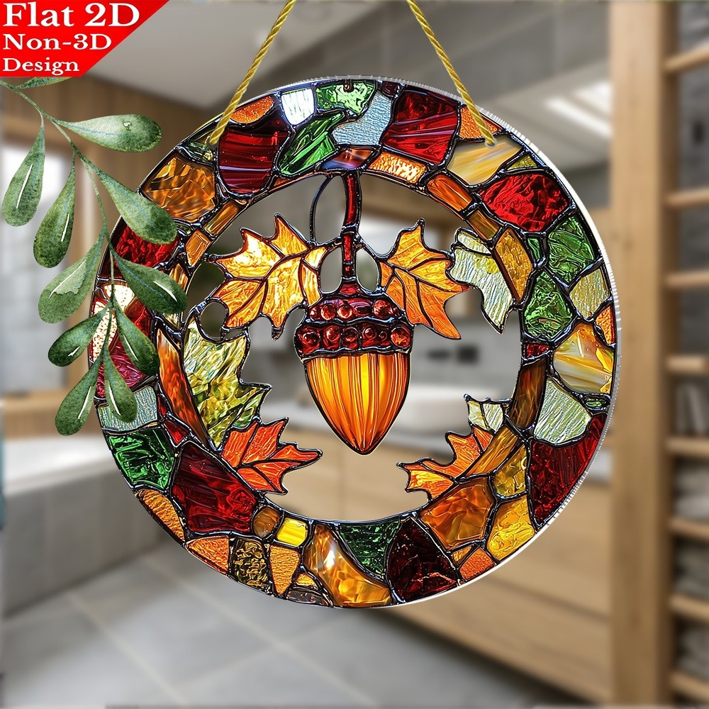 8x8 Acorn Wreath Autumn Leaves Suncatcher Seasonal Decor