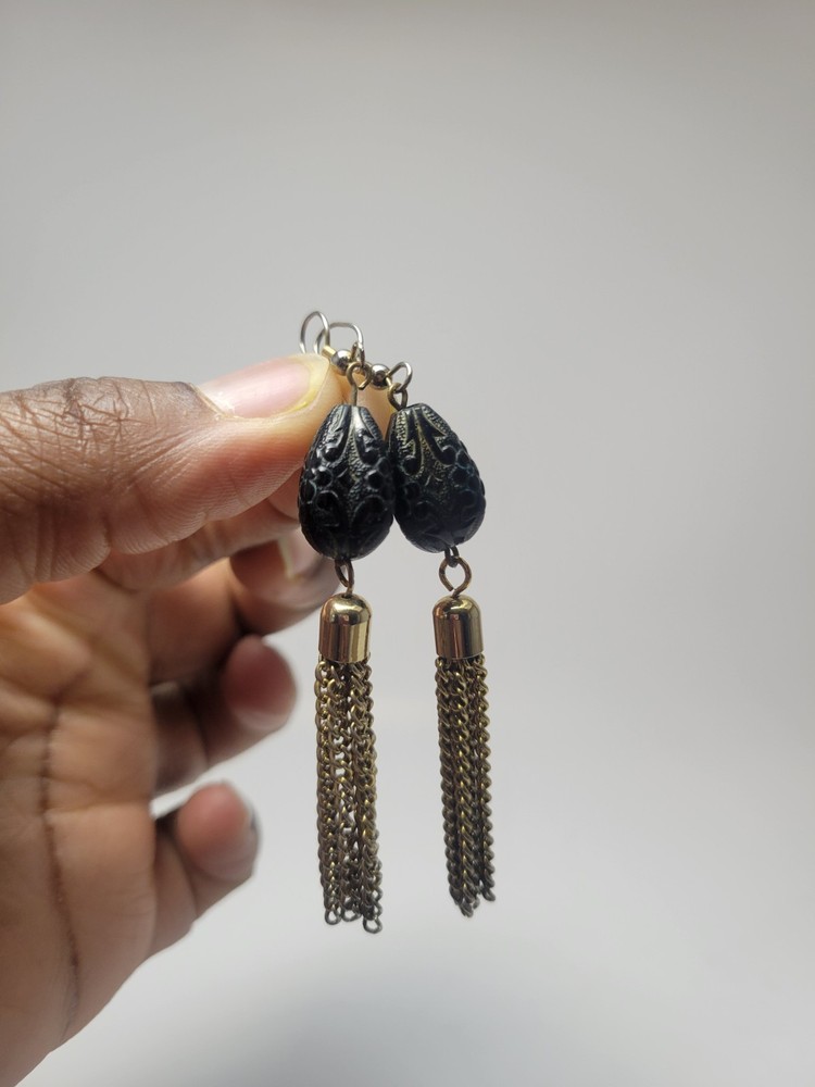 Vintage Black Carved Teardrop Bead Gold Tone Chain Tassel Dangle Earrings French