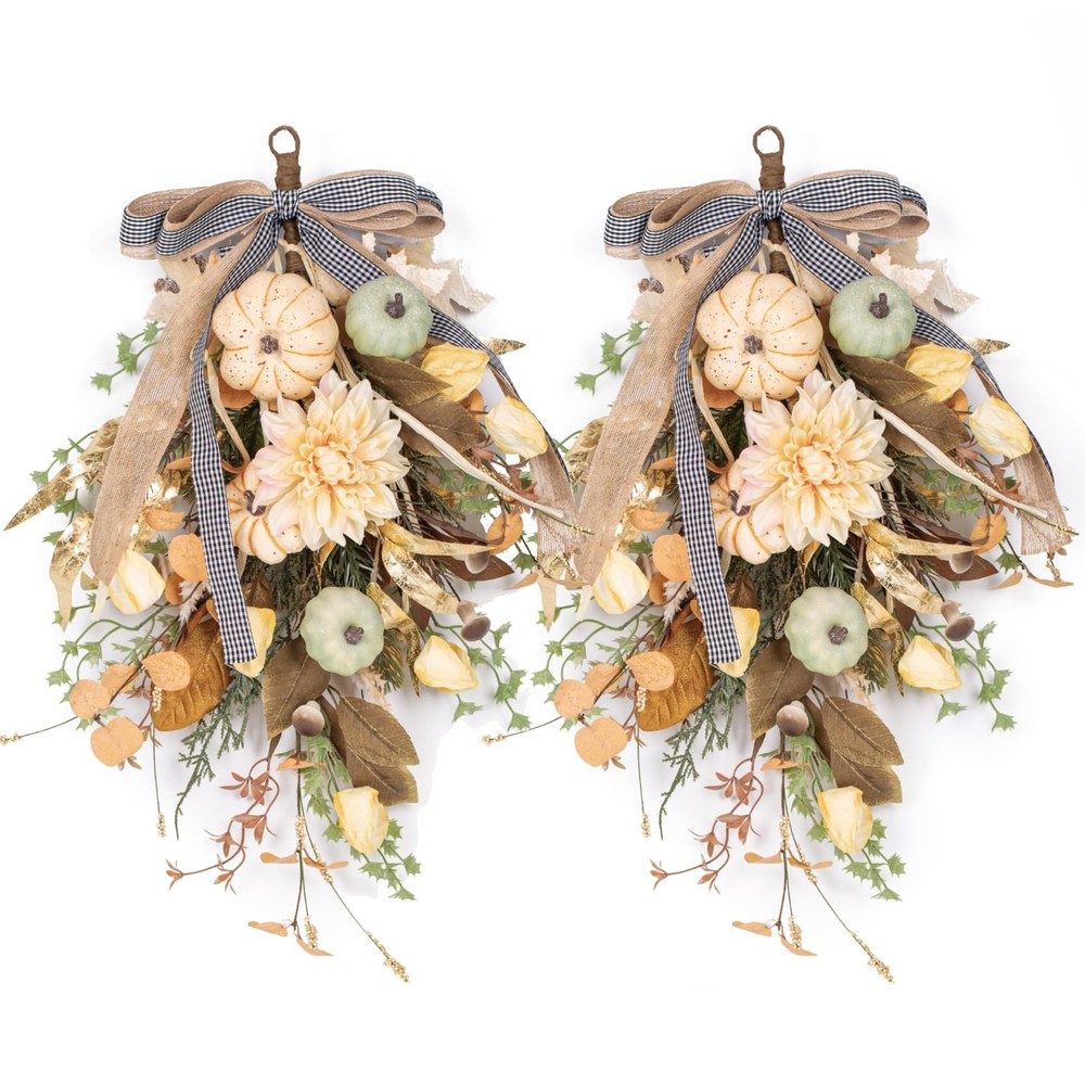 Fall Pumpkin Flower Wreath with Bow for Front Door Autumn Wall Decor