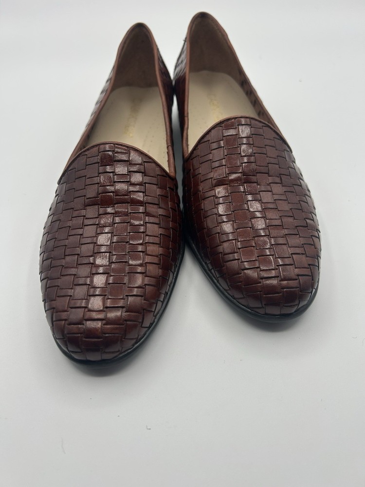 Cabin Creek Women’s Brown Cognac Leather Woven Slip On Loafers Flats Sz8M Brazil