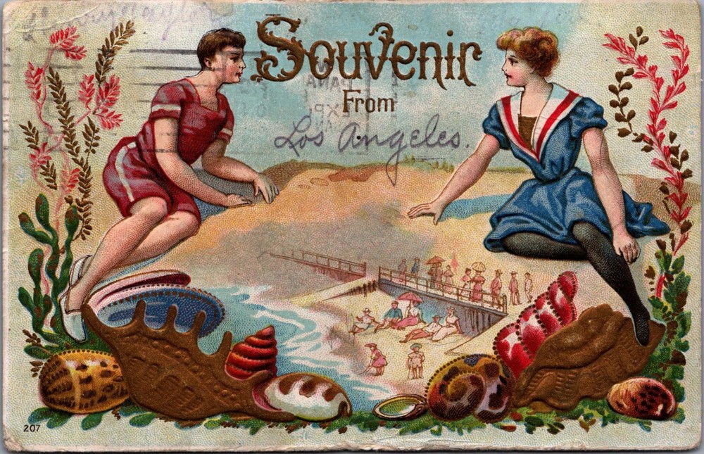 1912 Los Angeles Souvenir Embossed Postcard Beach Scene Panama-Pacific Expo