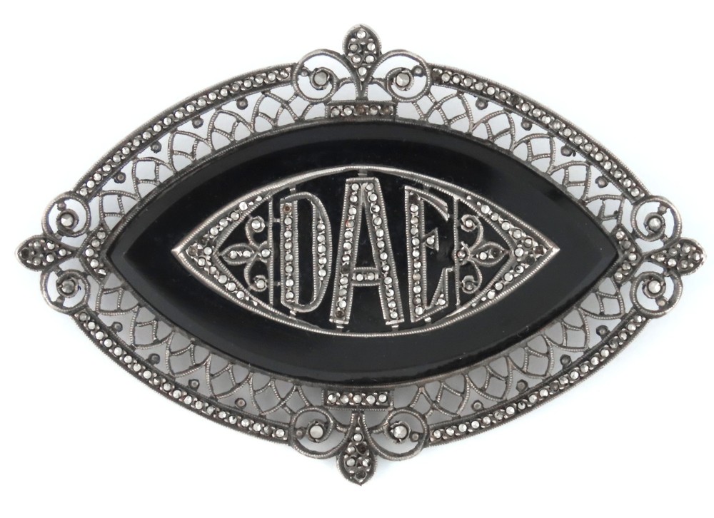 1930s - ART DECO FILIGREE STERLING SILVER, BLACK ONYX & MARCASITES PIN / BROOCH