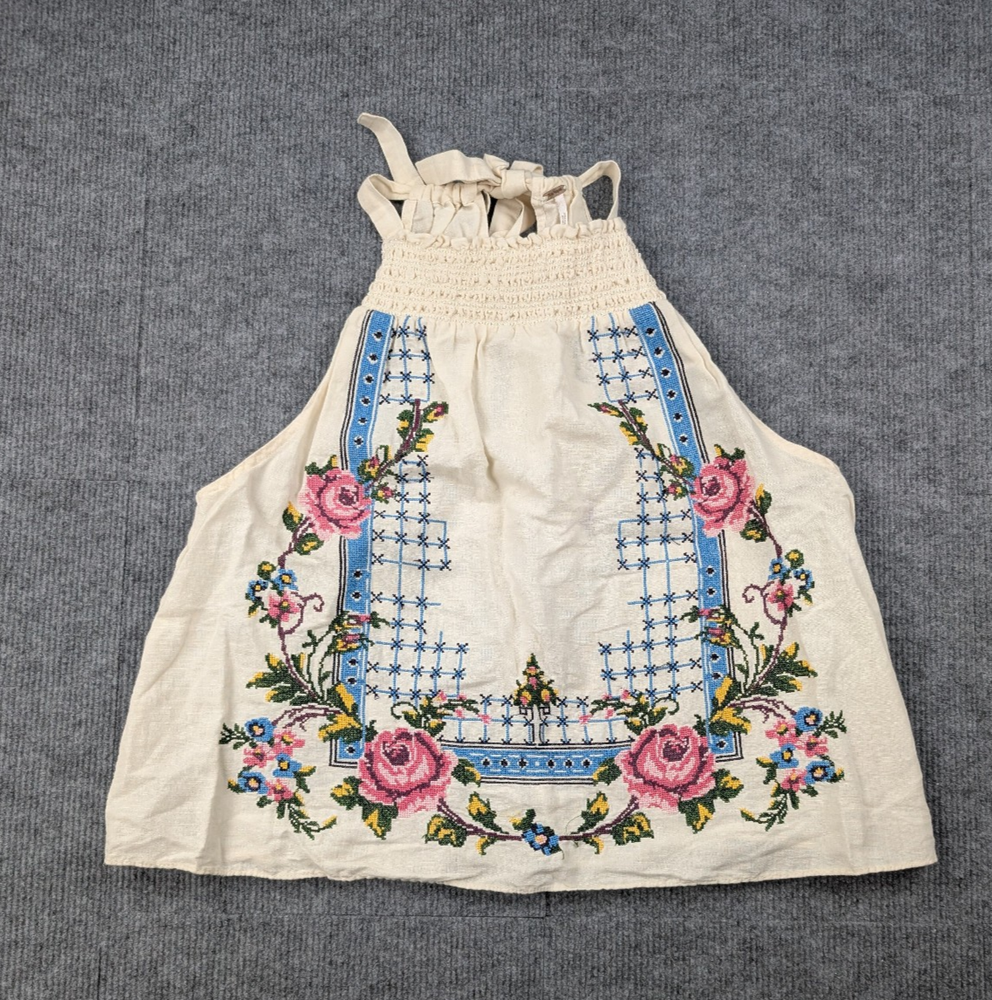 Free People Halter Top Womens Large Cross Stitch Linen Embroidered Cottagecore