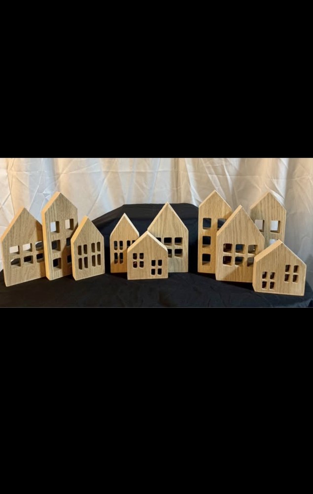 Set of 10 Wooden Houses Decor Lot Carved Wood Village Shelf Mantel Farmhouse