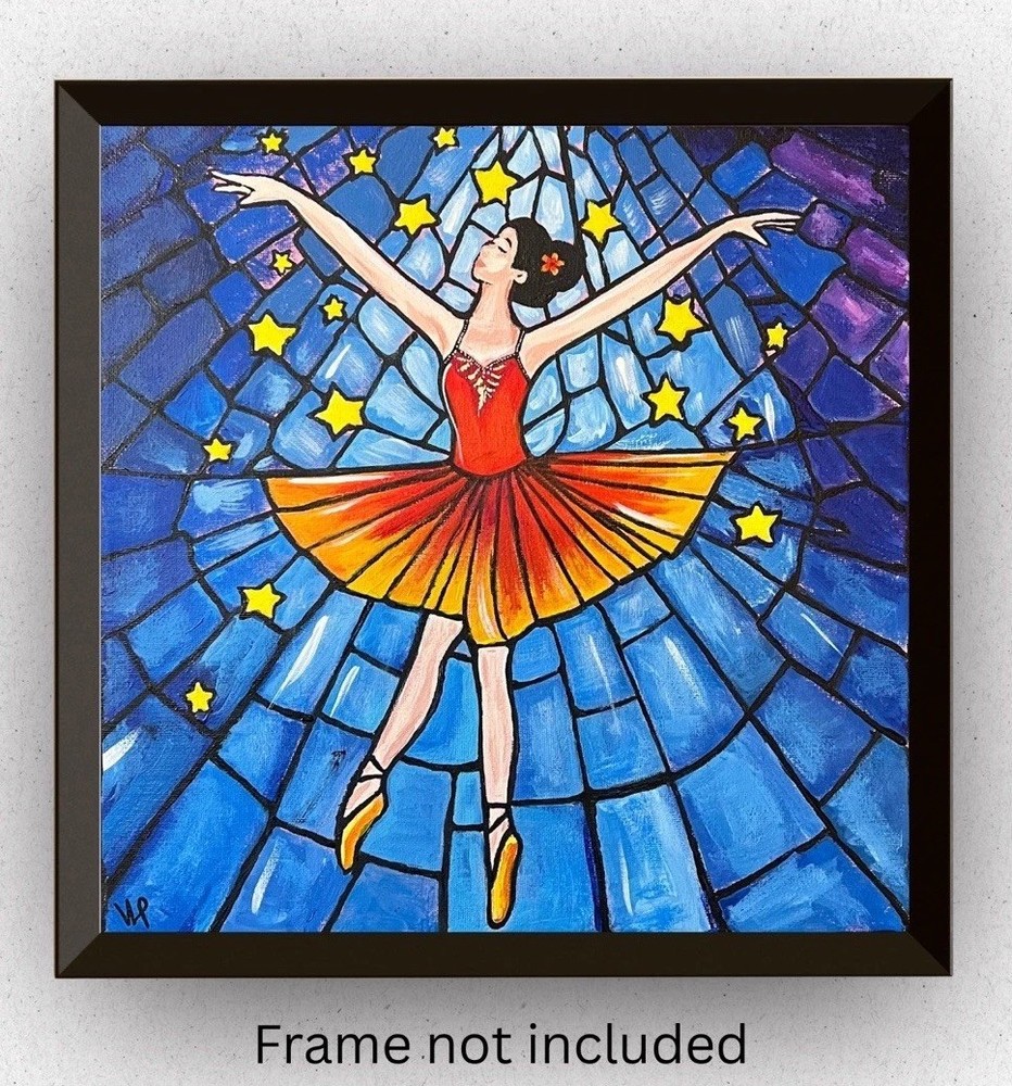 Blue Glass Window Ballerina Expressionist Art Acrylic 12x12” Canvas VLP Original
