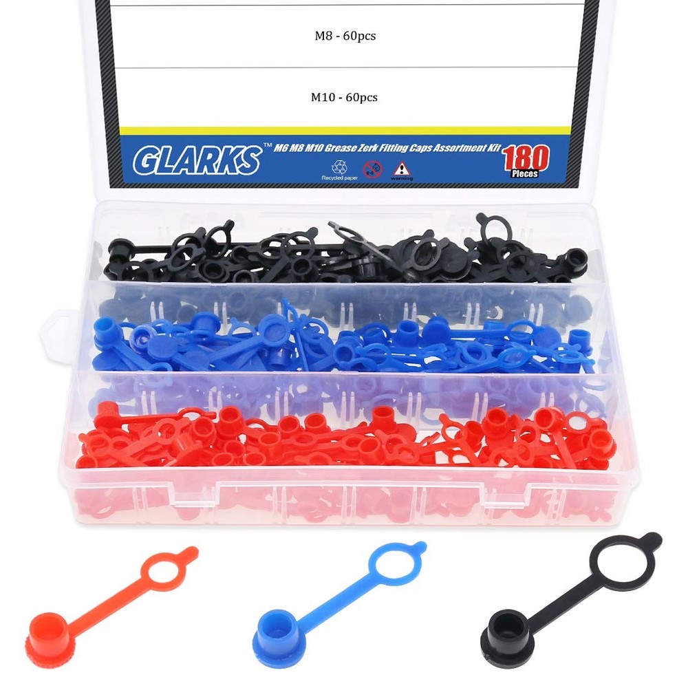 180-Pieces M6(Red) M8(Yellow) M10(Black) Grease Zerk Fitting Caps Assortment ...