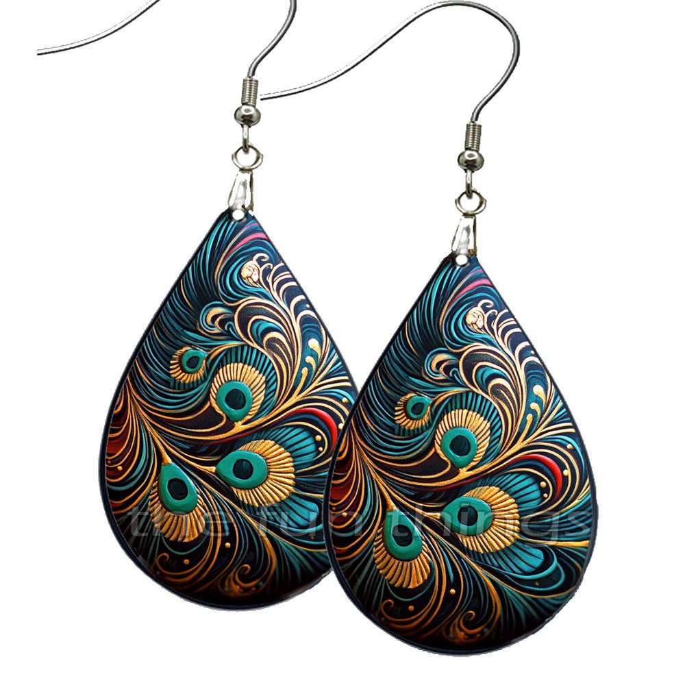 Abstract Art Bohemian Teal & Gold Feather Earrings Teardrop NO TARNISH Wood-image