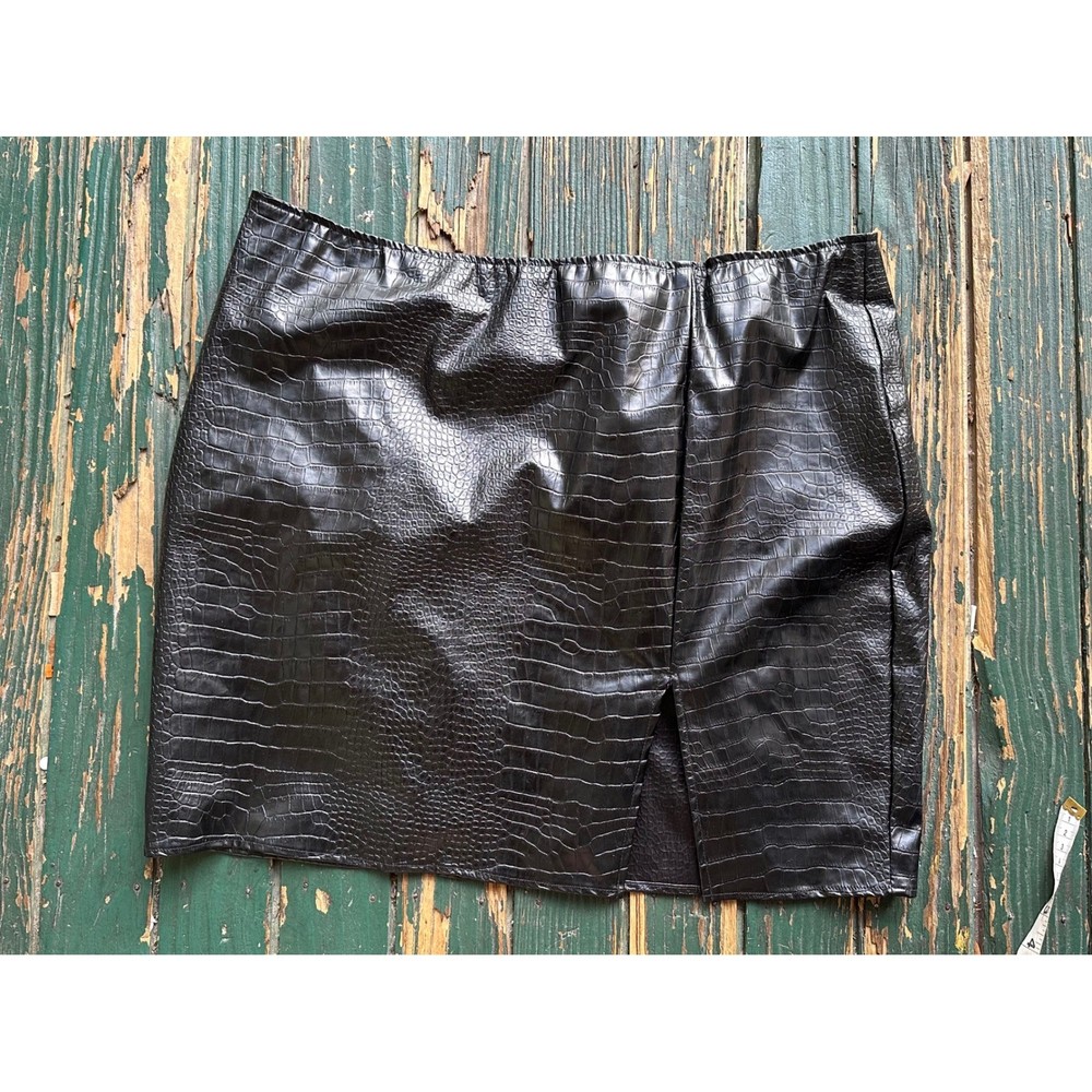Black Crocodile Embossed Faux Leather Mini Skirt Plus Size XXL High Waist Slit