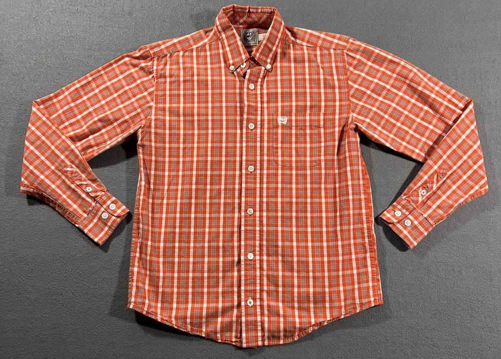 Cinch Western Shirt Boys Large 12 Orange Plaid Cowboy Button Down Outdoor Rodeo