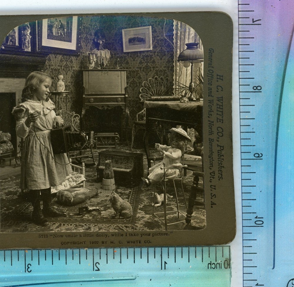 Now Smile Dolly Young Girl Antique Camera H.C. White Stereoview