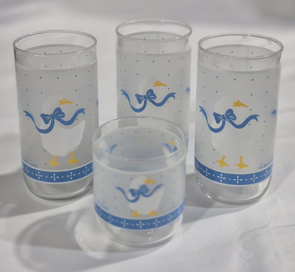 Lot Of 4 Vintage Libbey Country Goose Frosted Geese  Duck Blue Ribbon Bow