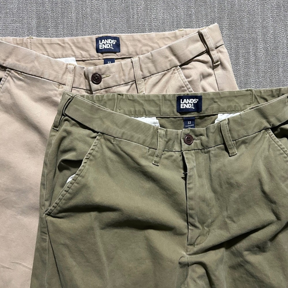 Lands End Traditional Fit Chino Pants Mens 33x29 Khaki Olive Green Bundle 2 Pair
