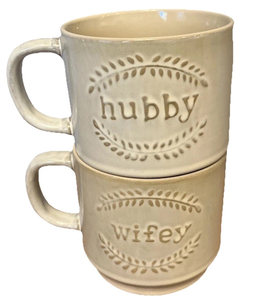Sheffield Home Beige Wifey Hubby Stackable Coffee Cups Mug Wedding Gift Country