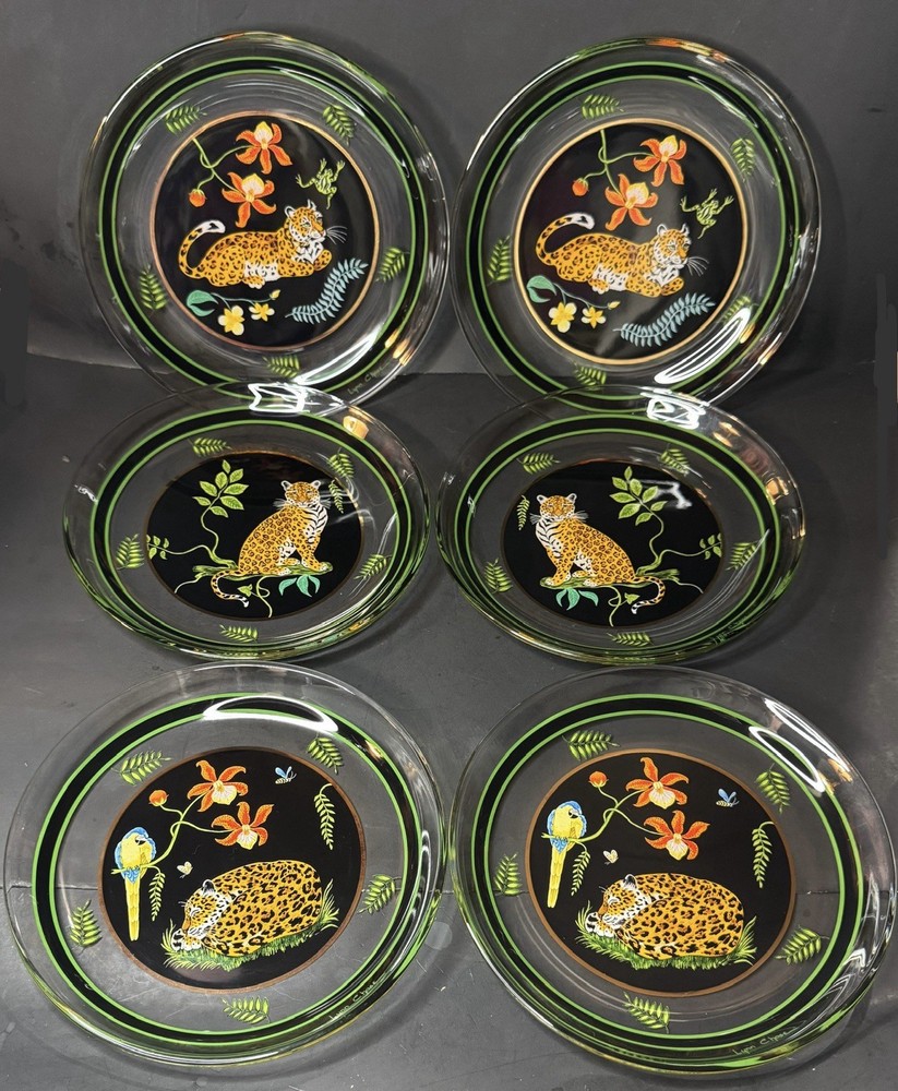 Lynn Chase Jaguar Jungle Glass Dessert Salad Plates Set 6 Pc. 8.25