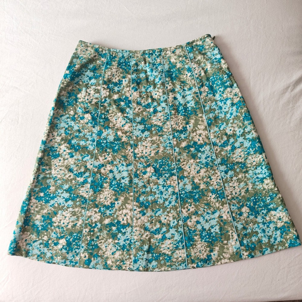 Ann Taylor Petites Floral A-Line Cotton Skirt Blue Green Piping Lined Size 2P