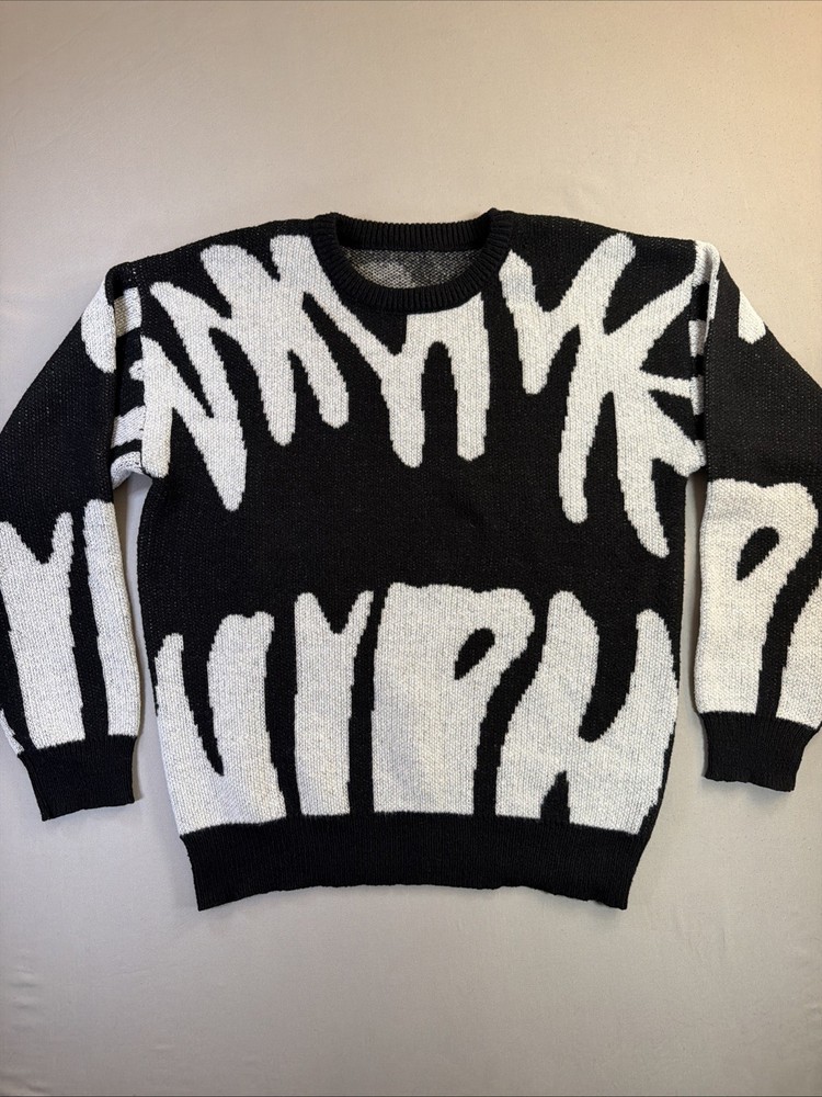Vintage Graphic Crewneck Knit Sweater Black White Abstract Pattern Womens XL-image