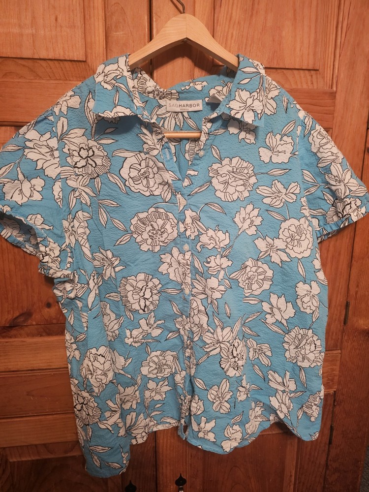 Vintage Sag Harbor 2X Cotton Shirt Ribbed Button up Collar Short Sleeve Floral