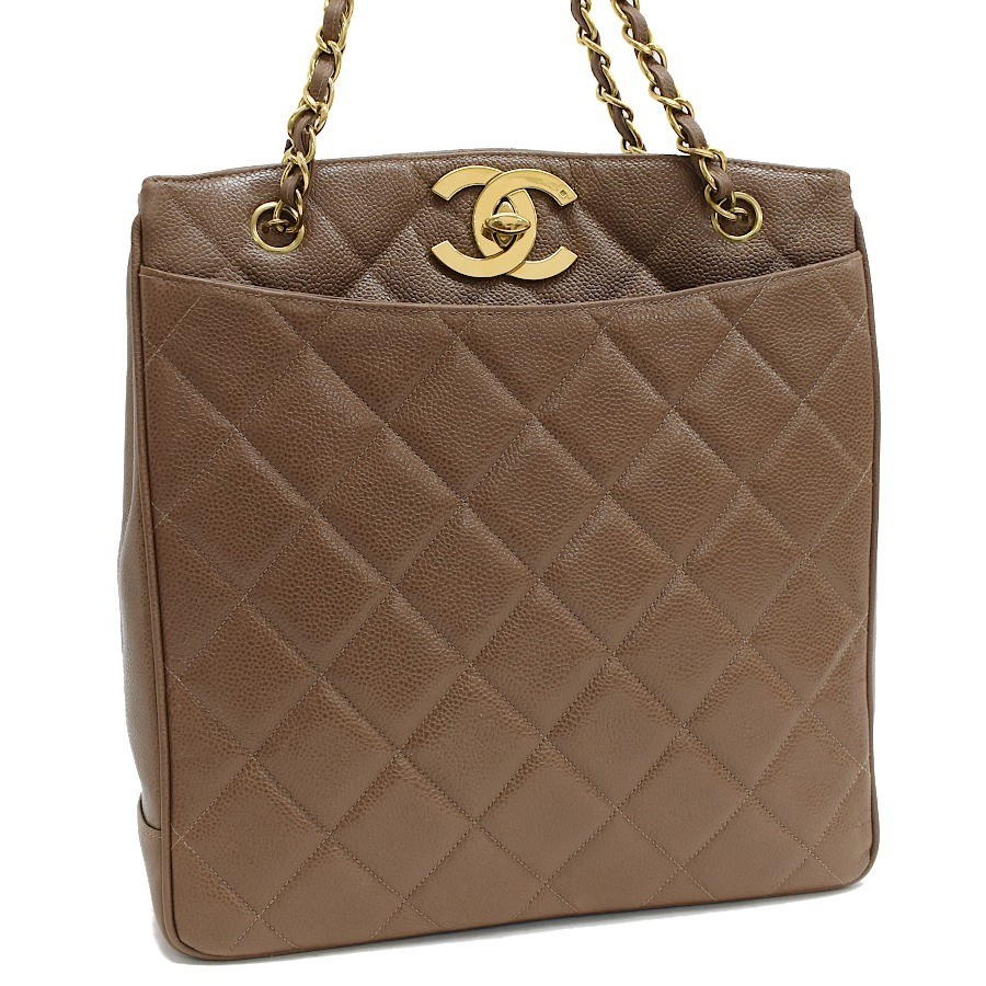 CHANEL Brown Leather Tote Bag with Gold Chain Strap