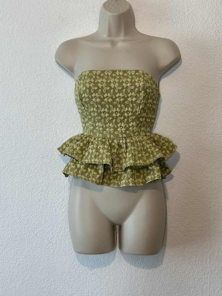 Y2K Sleeveless Green Jacquard Halter Ruffle Crop Top Size S Fairy Boho Coquette