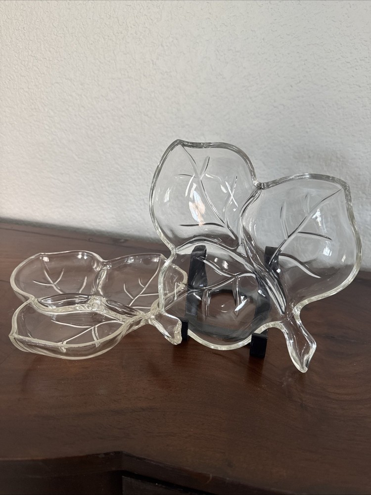 Vintage Clear Glass Leaf Divided Candy/Nut Dishes – Set of 2 Retro Mid-Century