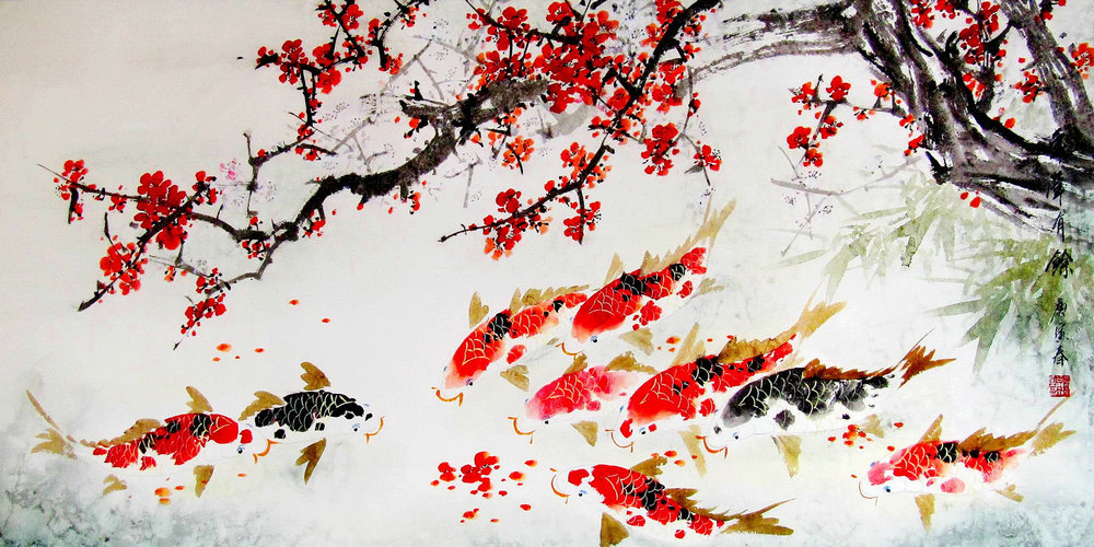 Modern Art Wall Home Decor HD Print Feng Shui Koi Fish oil painting Canvas
