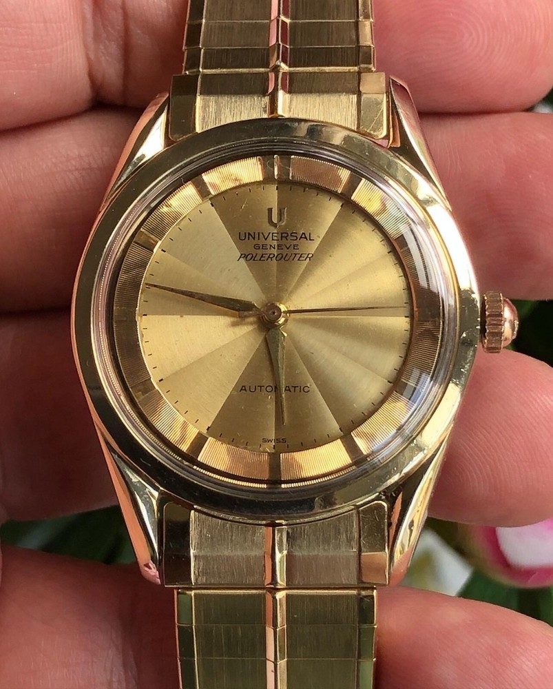 Universal Geneve Polerouter Auto GP 35mm case Org NOS Brclt CH Guilloche dial
