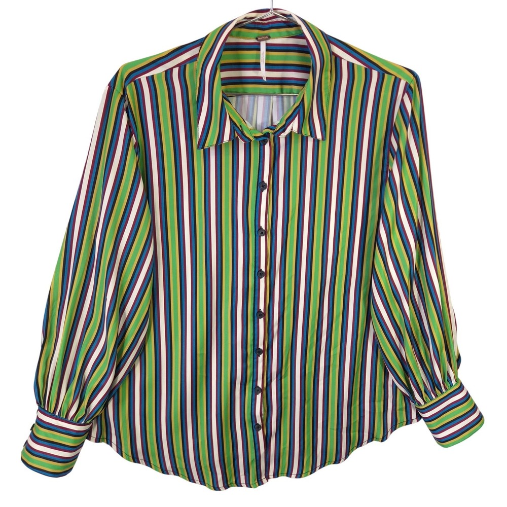 Free People Shirt Womens XS Multicolor Striped Polyester Button Up Long Sleeve