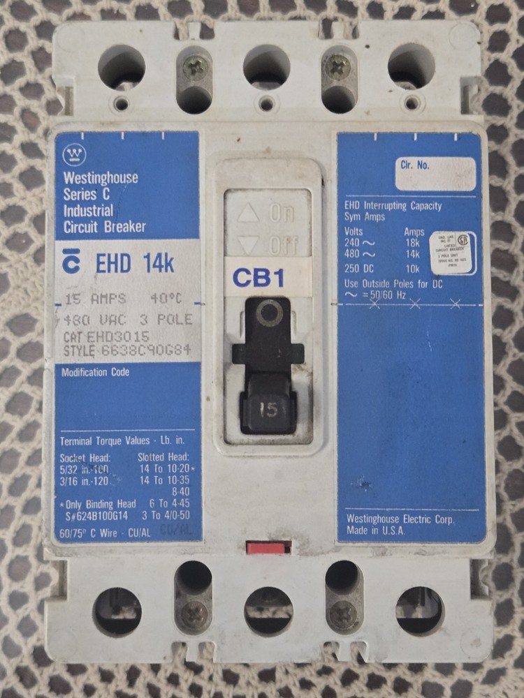USED Westinghouse EHD3015 Circuit Breaker Series C, 15 Amps 3 Poles 480VAC.  (I)