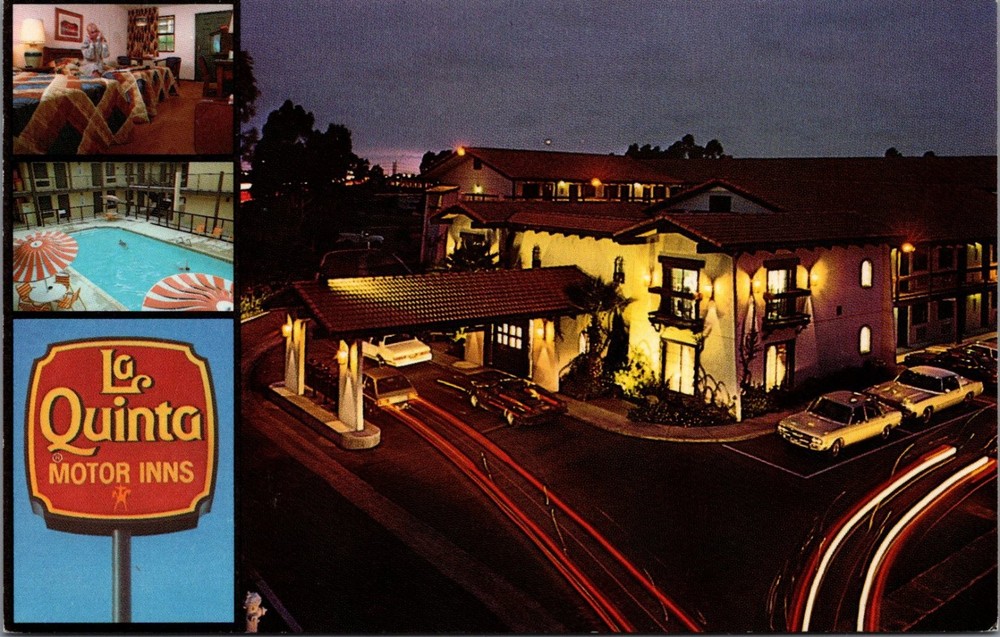 Vintage La Quinta Motor Inn Postcard - Night Scene & Pool - Chrome