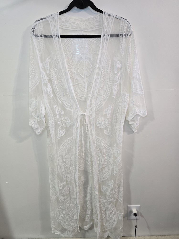 White Lace Kimono Cover Up Sheer Boho Duster Cardigan Festival Beach Size M/L
