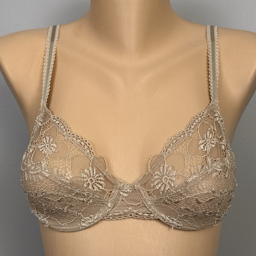 Wacoal Luscious Lace Bra Size 34B 65197 Sheer Underwire Embroidered Beige Tan