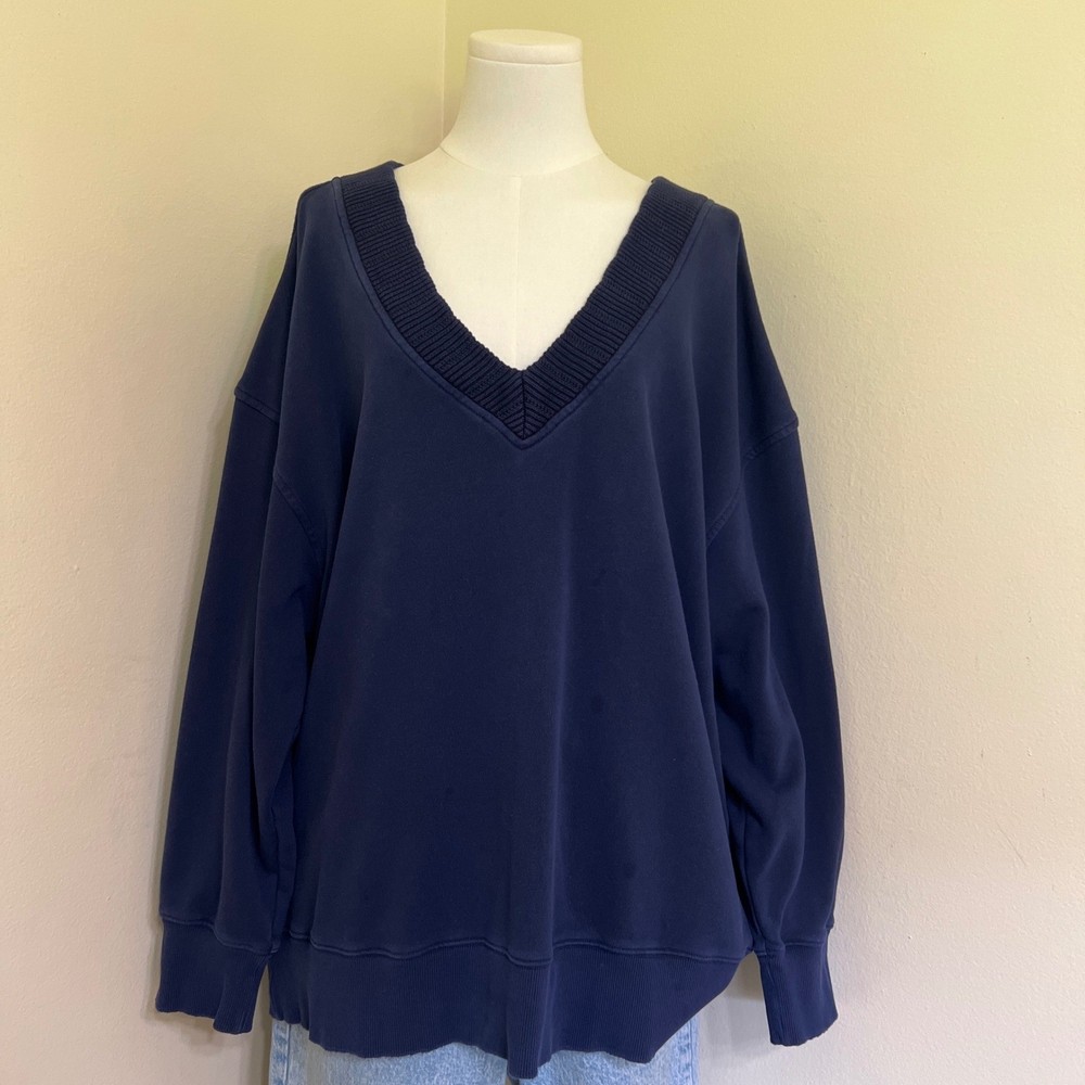 Aerie Womens Navy Blue Oversized V-Neck Sweatshirt Pullover Sz Large Ribbed Trim