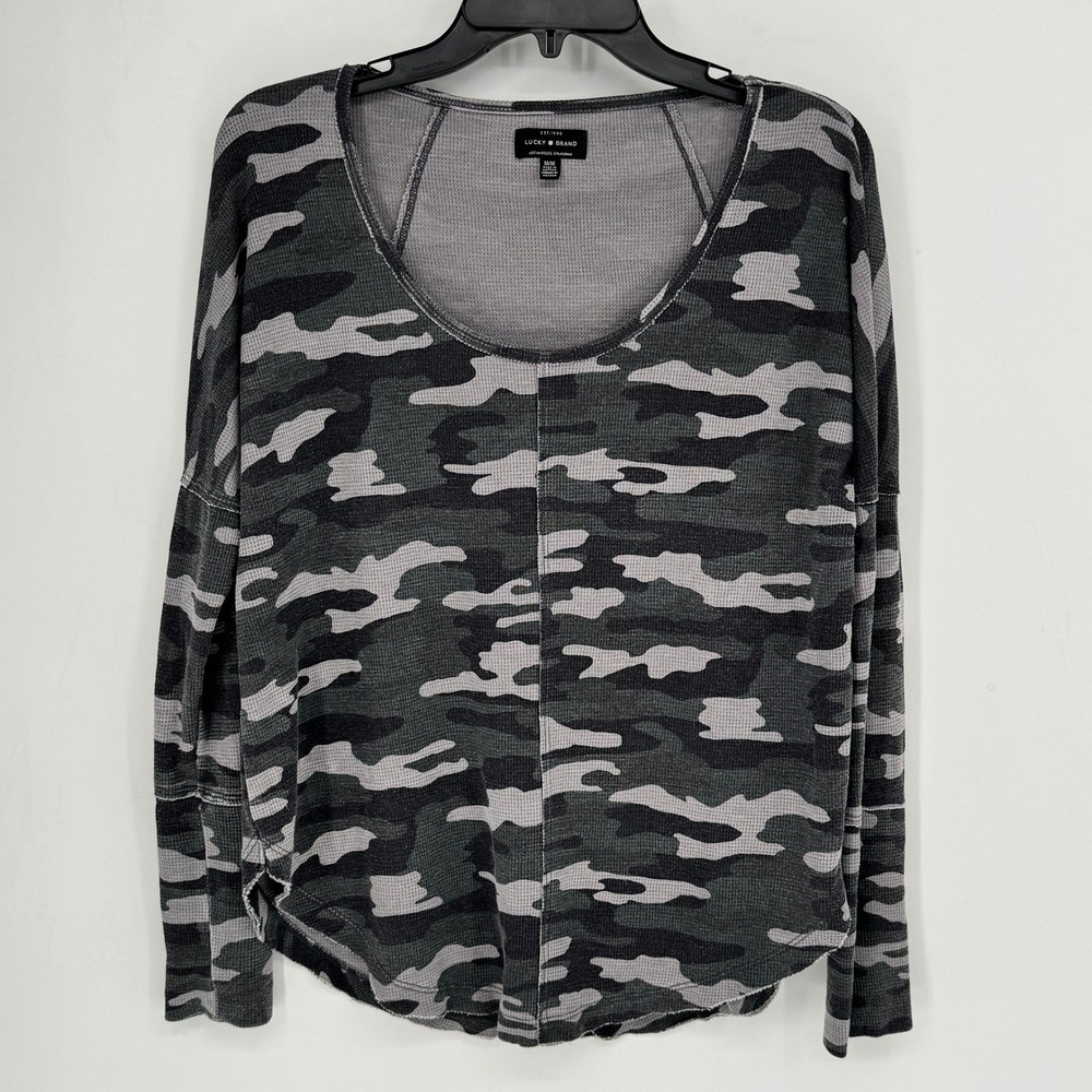 Lucky Brand Womens Grey Camo Thermal Waffle Knit Scoop Neck Top Size Medium
