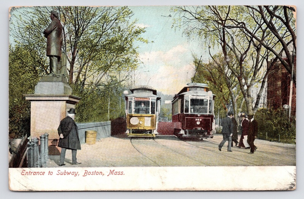 c1905~Boston Mass~Public Garden Entrance to Subway~Trolleys~MA~Antique Postcard