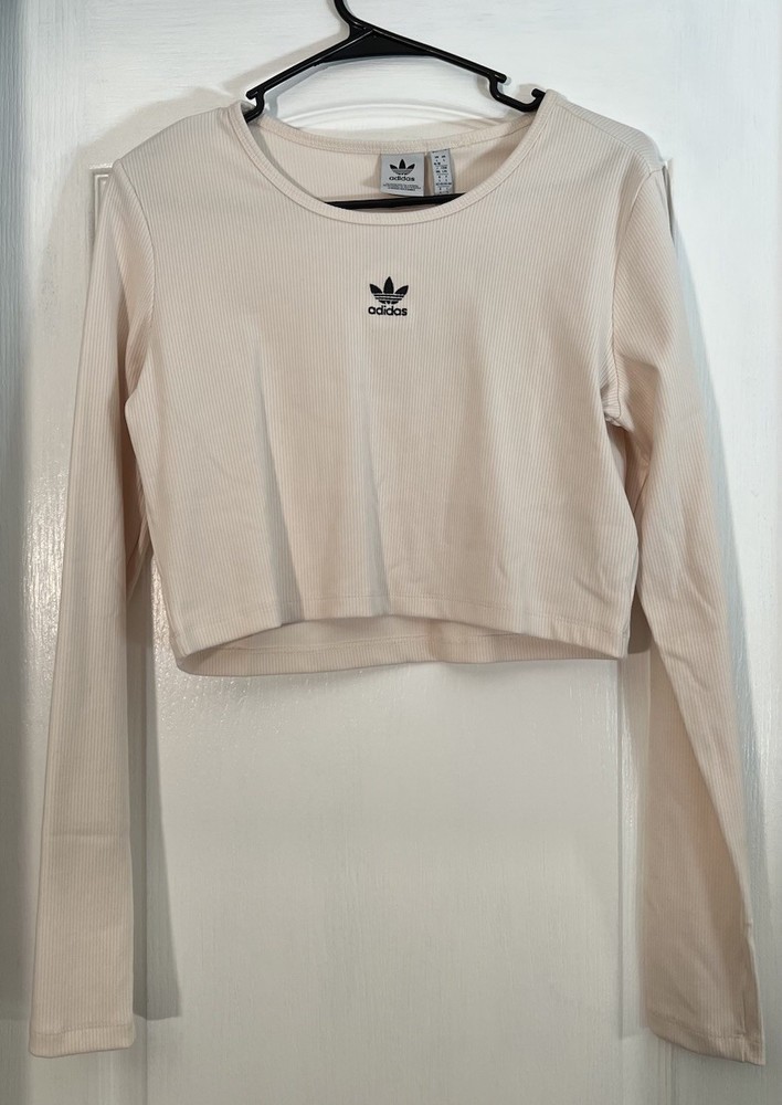 Adidas Originals Crop Top Long Sleeve Ribbed White Womens L Logo NWT