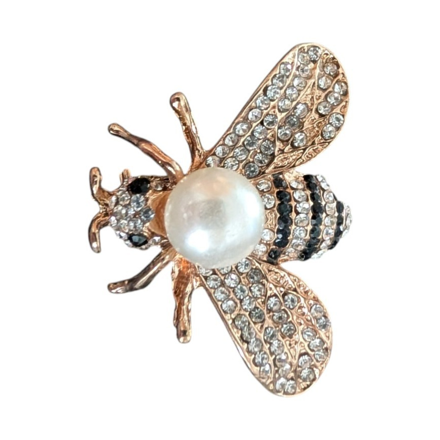 Gold Tone Bee Brooch Pin w/ Rhinestone Wings White Faux Pearl Body