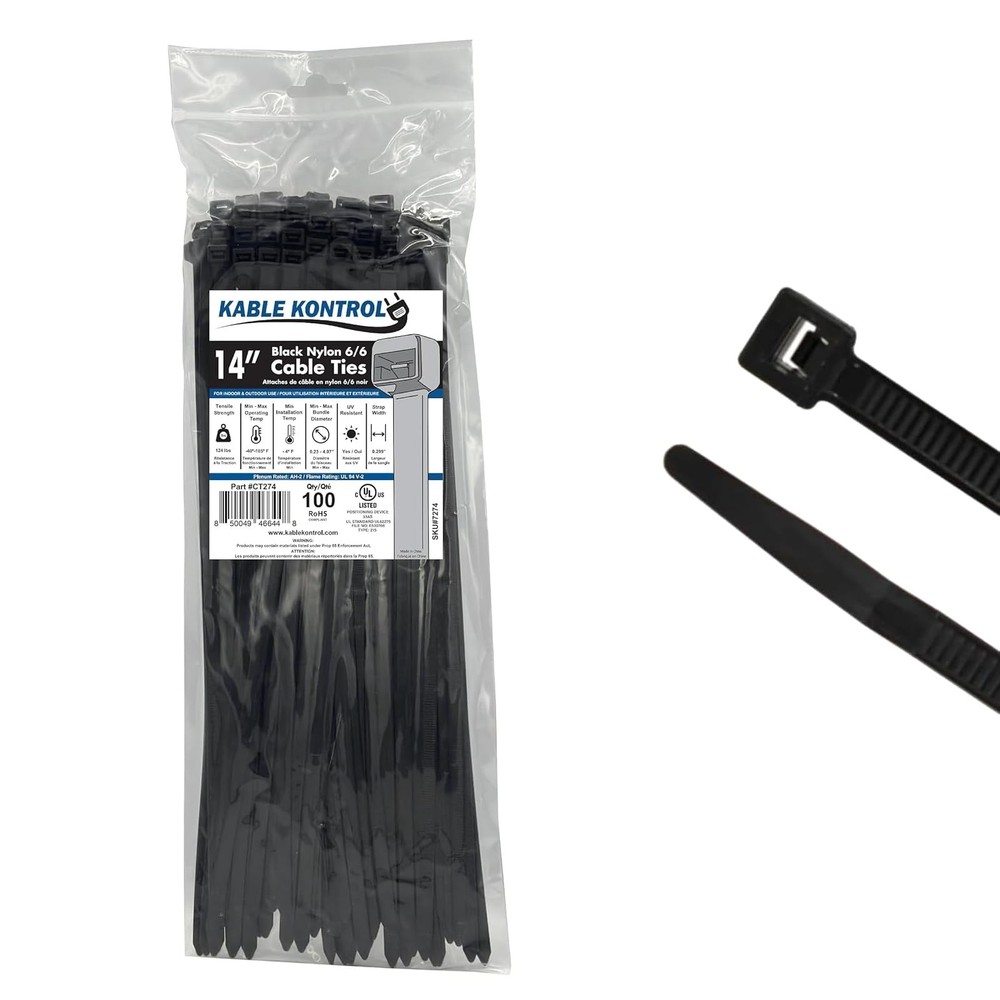 Heavy Duty 14-Inch Black Cable Zip Ties 100 Pcs 120 Lbs Tensile Strength