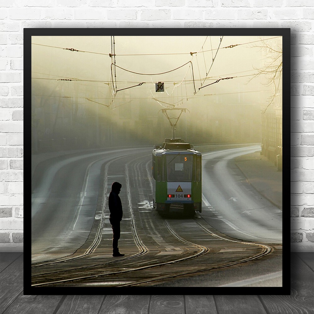 Early Morning Tram Transportation Figure Street Passenger Square Wall Art Print
