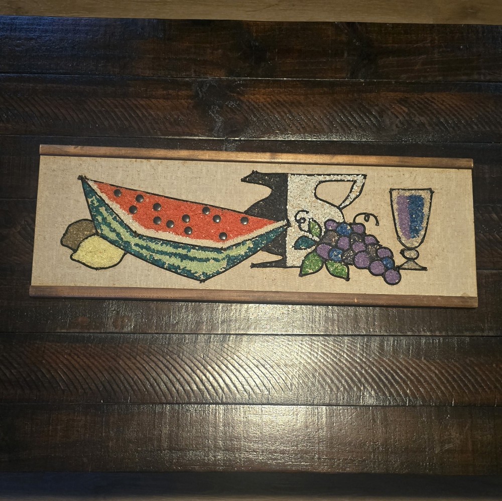 Vintage Mid Century Pebble Gravel Art Fruit Wine Wall Hanging Kitchen Decor ASIS