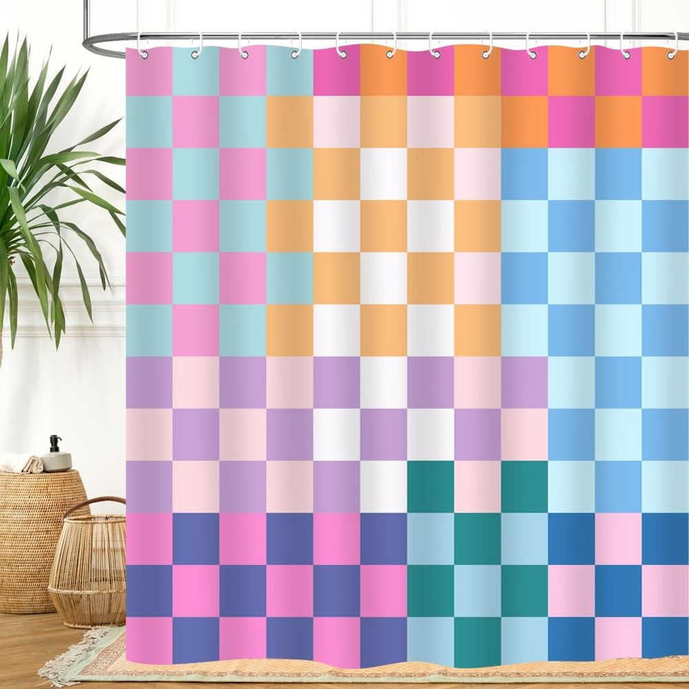 Retro Checkered Shower Curtain Colorful Geometric Modern Rainbow Minimalist G...