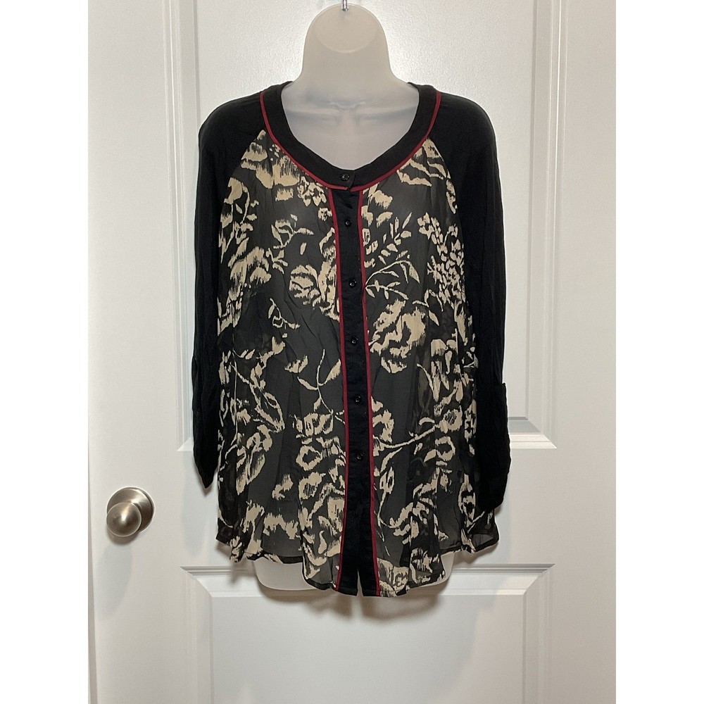 Charming Charlies Floral Sheer Button Up Long Sleeve Blouse Women's Size L