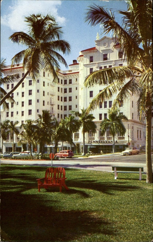 Hotel Pennsylvania ~ West Palm Beach Florida ~ woody wagon ~ 1950s postcard