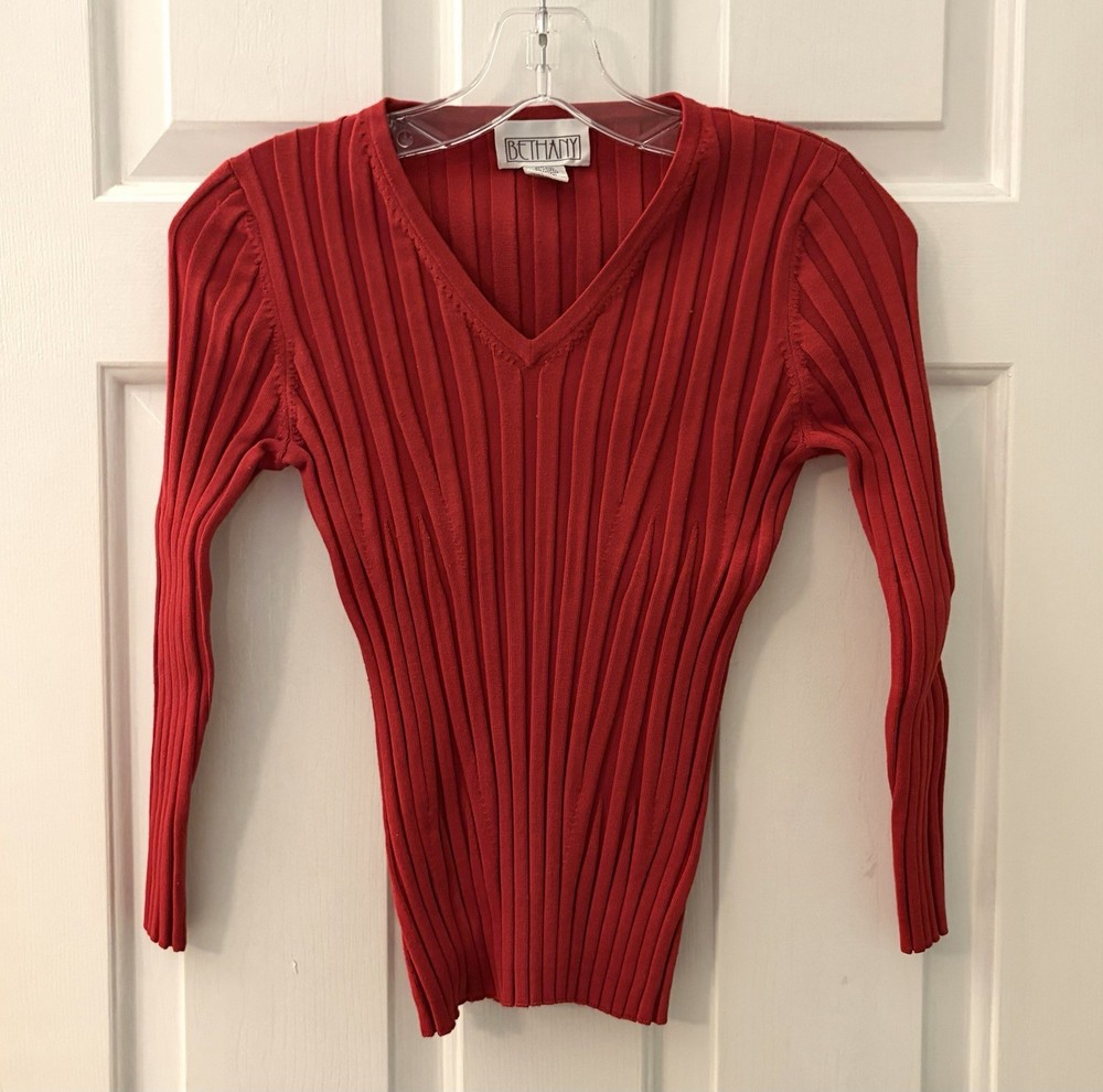 Bethany Womens Size PS Red Silk Ribbed Knit Vneck Long Sleeve Chic Stretch Top